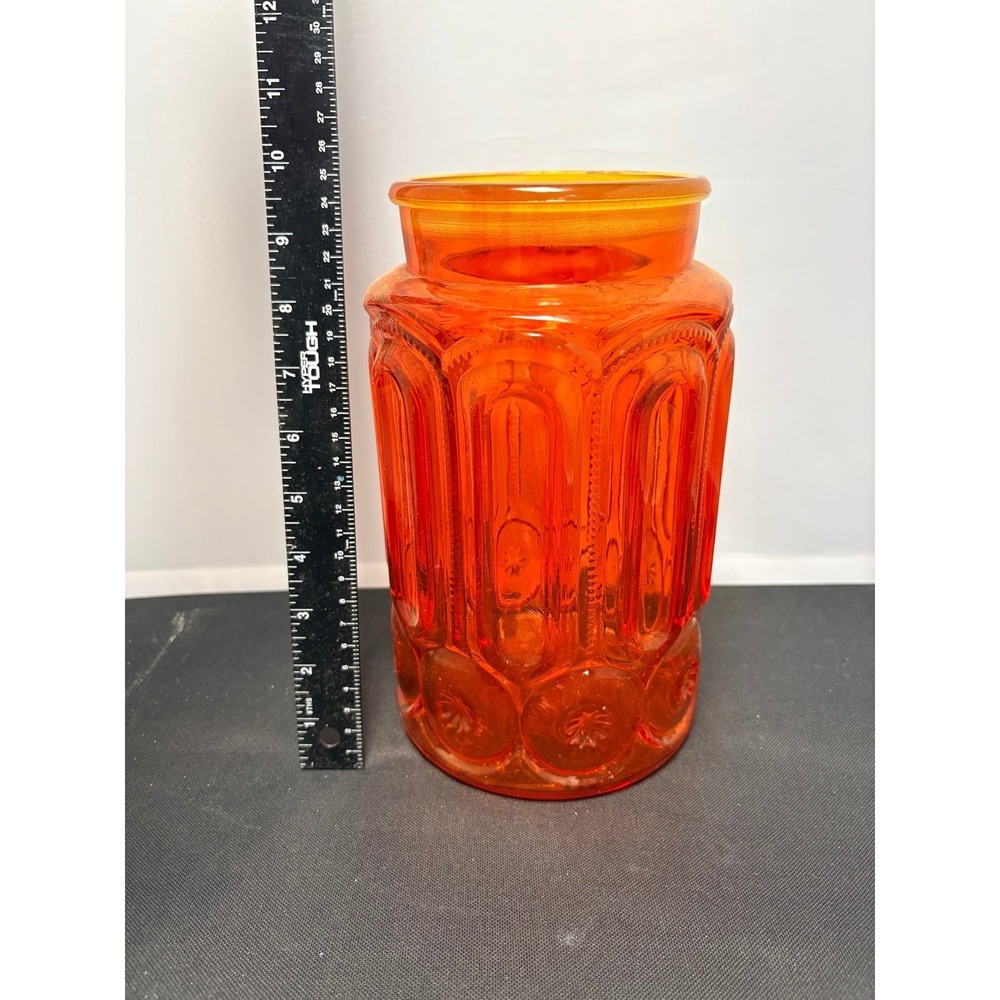 Vtg. L.E. Smith Amberina Moon & Stars Glass Cannister, Red/Orange, No Lid GLOWS